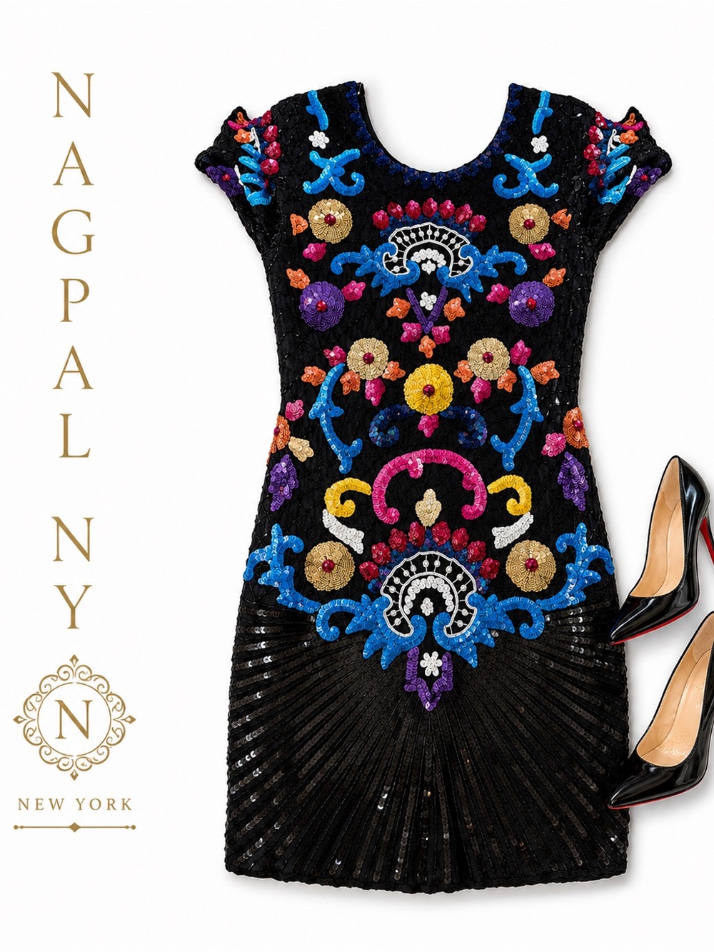 Vintage Nagpal NY Embellished Dress with Multicolor Floral hand Embroidery F